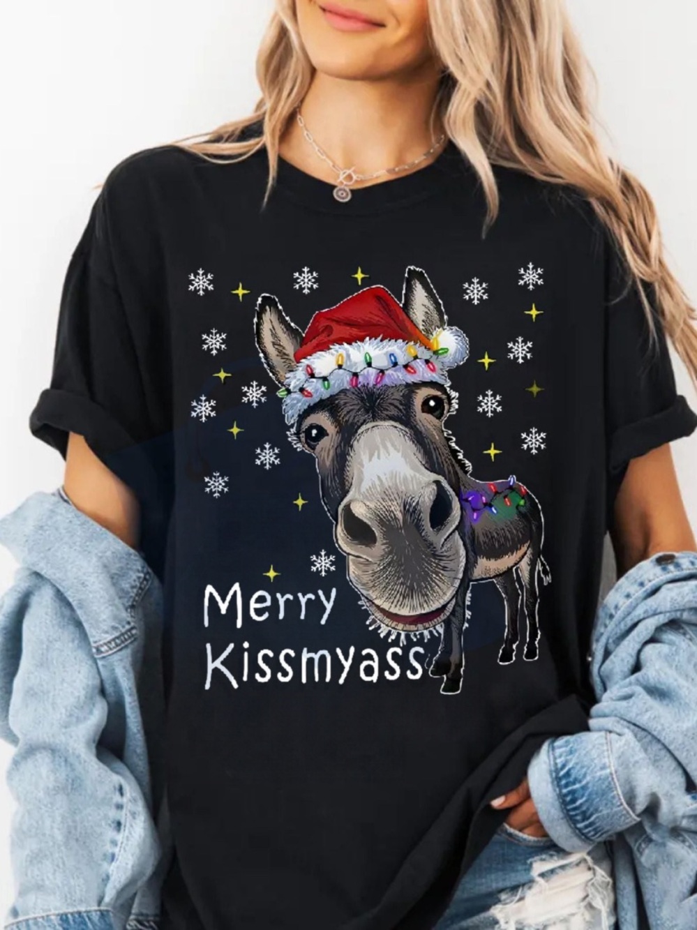 Black Donkey Christmas Graphic Tee with Red Santa Hat
